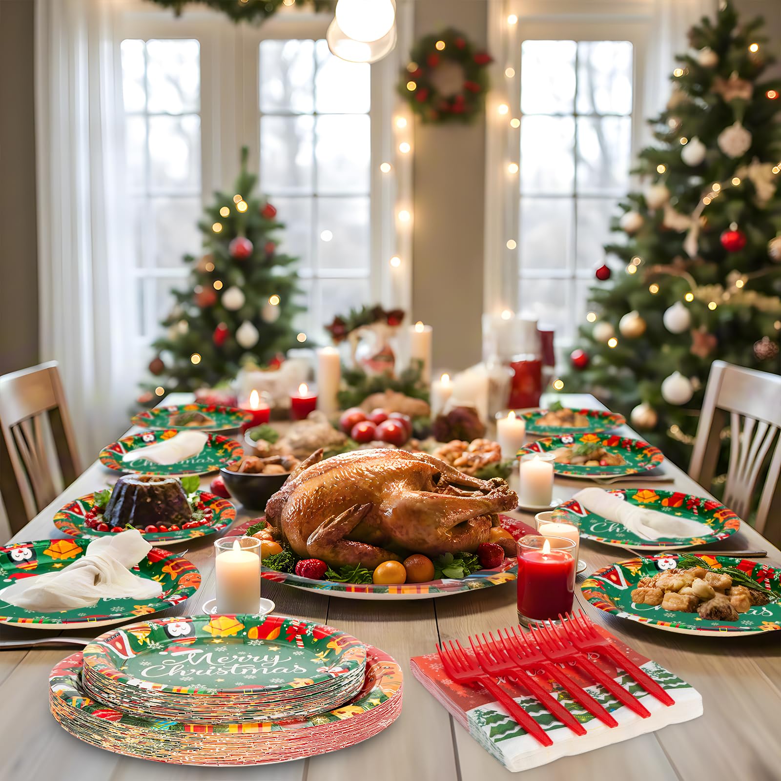 Litmitfu Christmas plates, napkins, and forks ready for party serving.