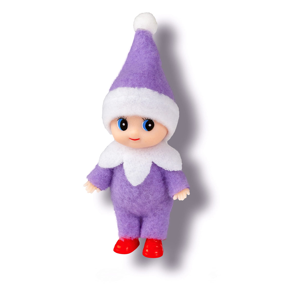 LitoMagic baby elf doll in purple jumpsuit for festive play and decor.
