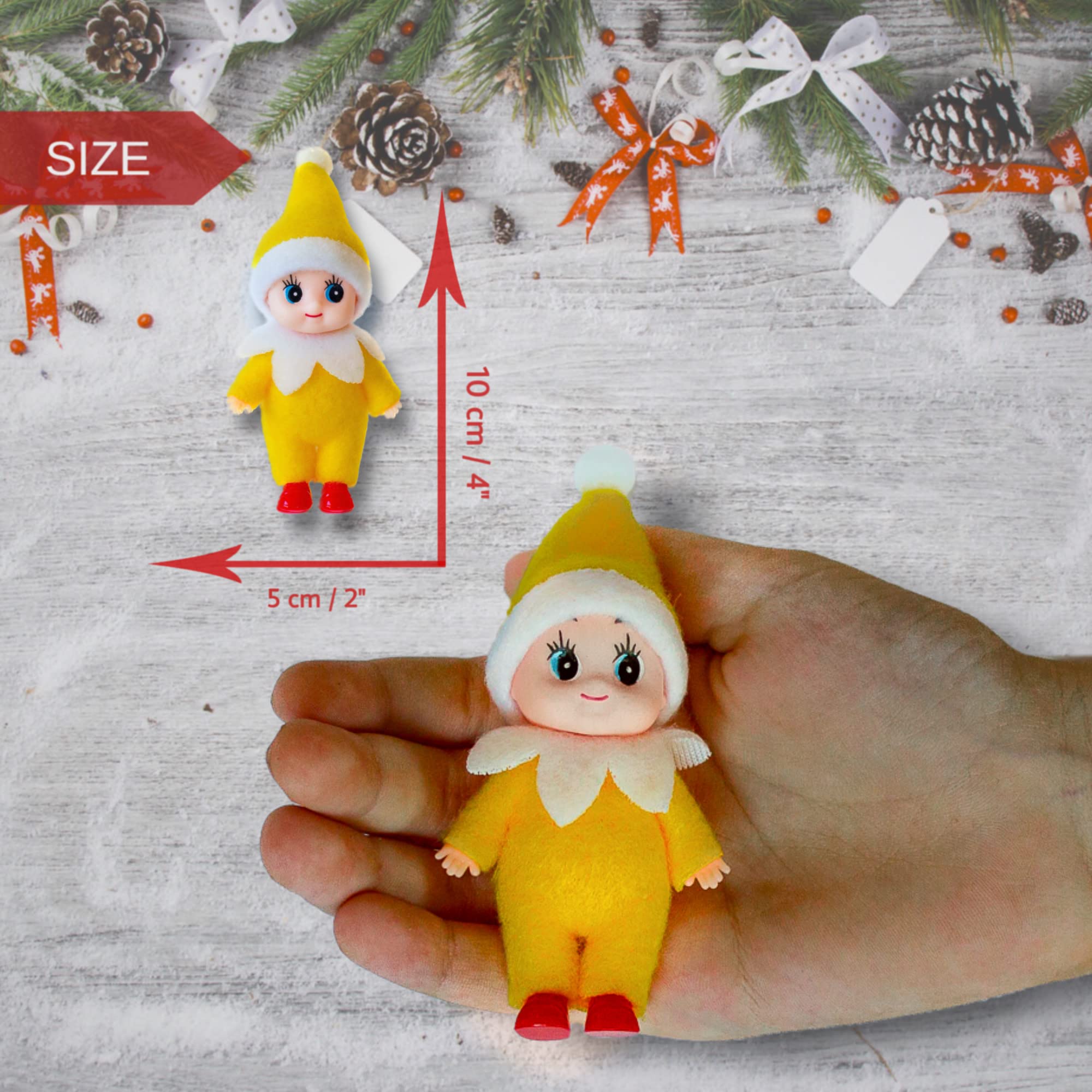 LitoMagic baby elf doll close-up in yellow jumpsuit, showcasing cute details
