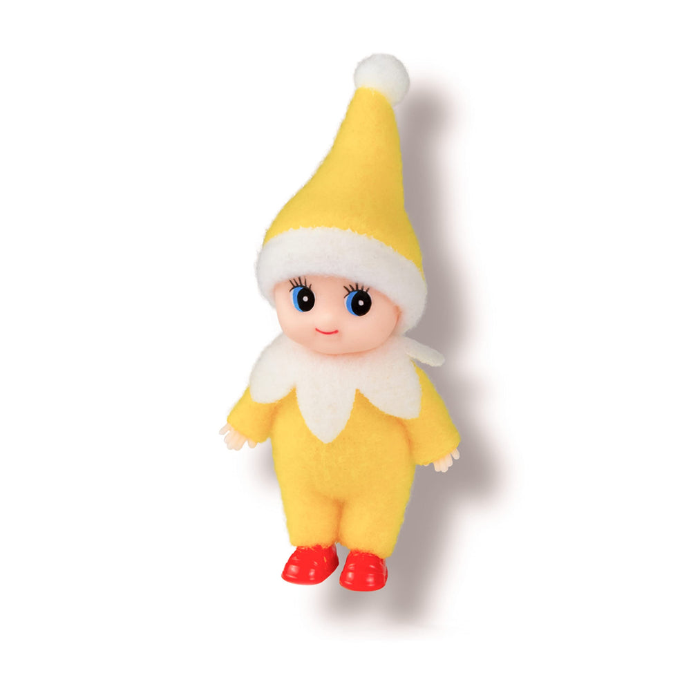 LitoMagic Christmas baby elf doll in yellow jumpsuit, front view, perfect for festive decor