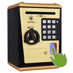 Litpggy Kids Safe Bank golden front view showing a secure coin slot for saving.