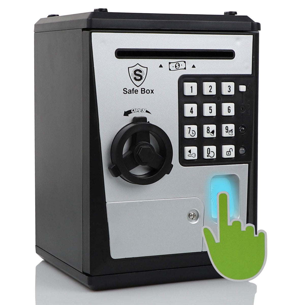 Litpggy safe bank front view with fingerprint access and coin slot.