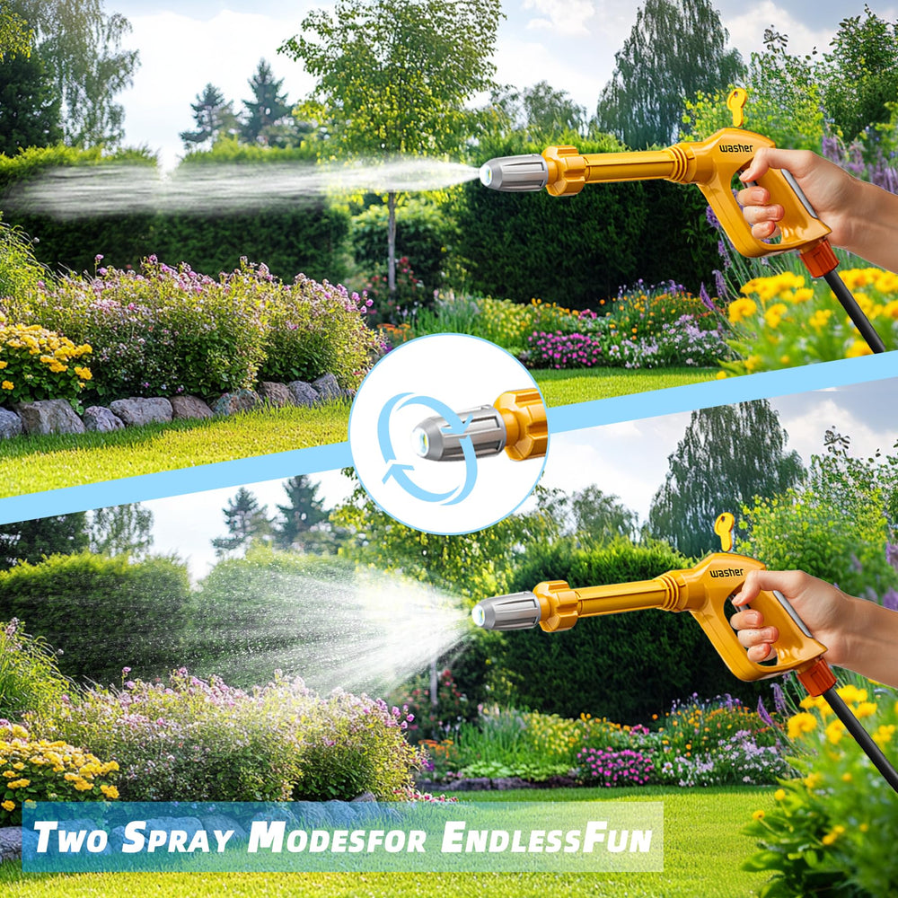 LITTCO adjustable-nozzle car wash spray showing mist and stream modes for kids.
