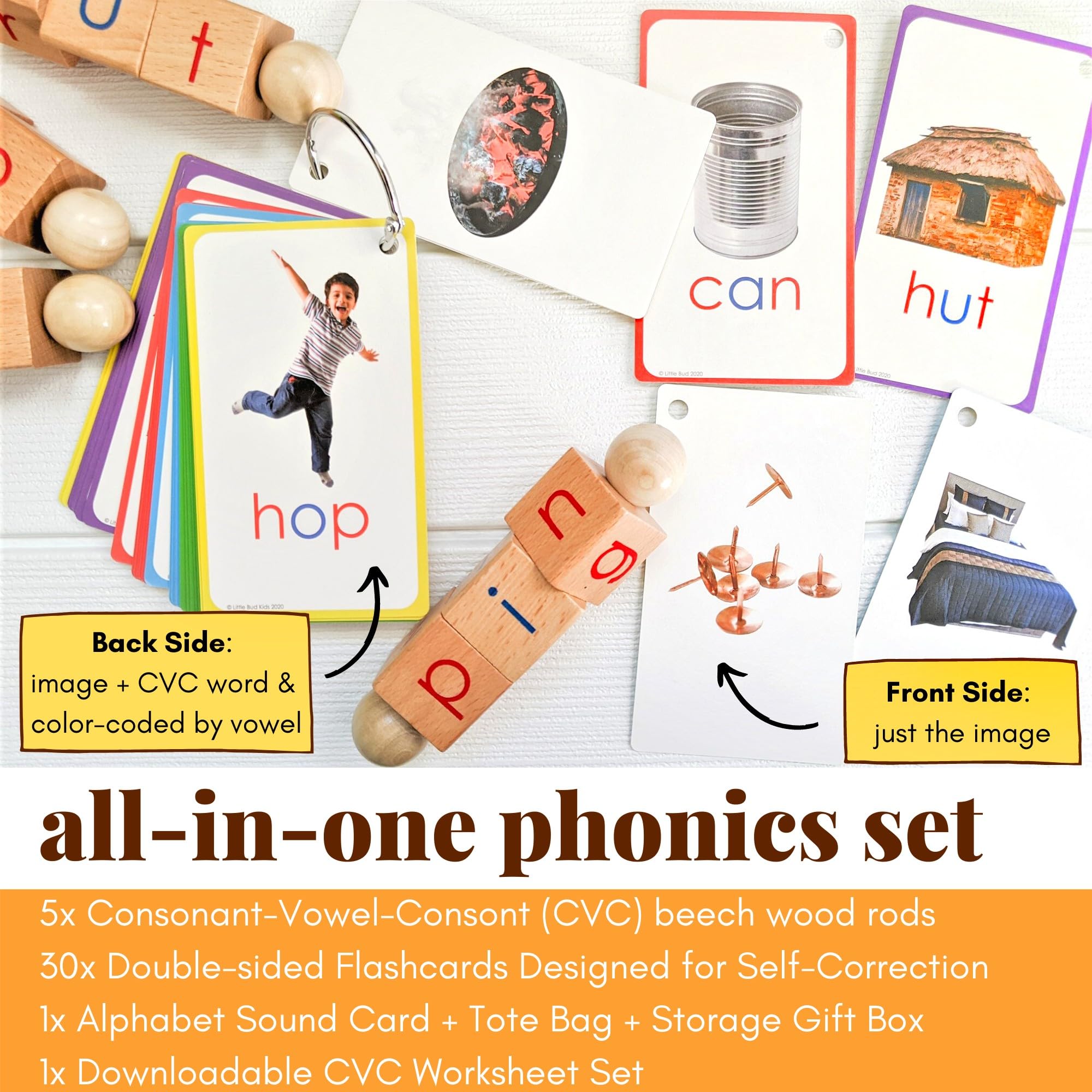 Little Bud Kids wooden phonics rods enabling playful word construction