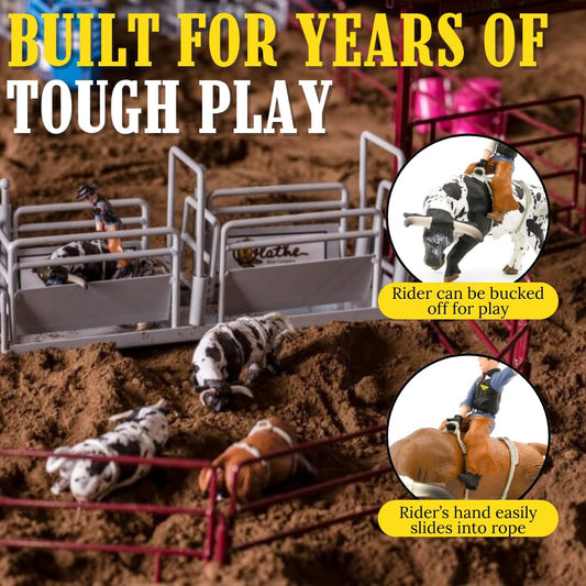 Little Buster Bucking Bulls spotted bull with rider showcases detailed western collectible potential.