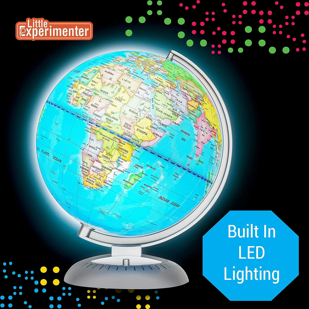 Little Experimenter illuminated globe close-up with labels highlights continents and capitals for quick study.