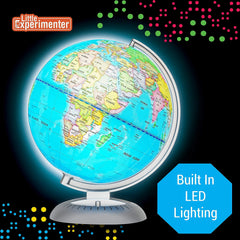 Little Experimenter illuminated globe close-up with labels highlights continents and capitals for quick study.