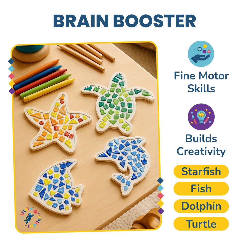 Little Jupiter mosaic kit dolphin: energetic undersea friend inspires storytelling and assembly.
