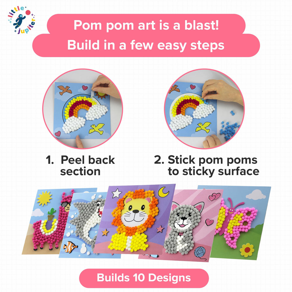 Little Jupiter pom pom art cat design promotes coordination in a playful activity