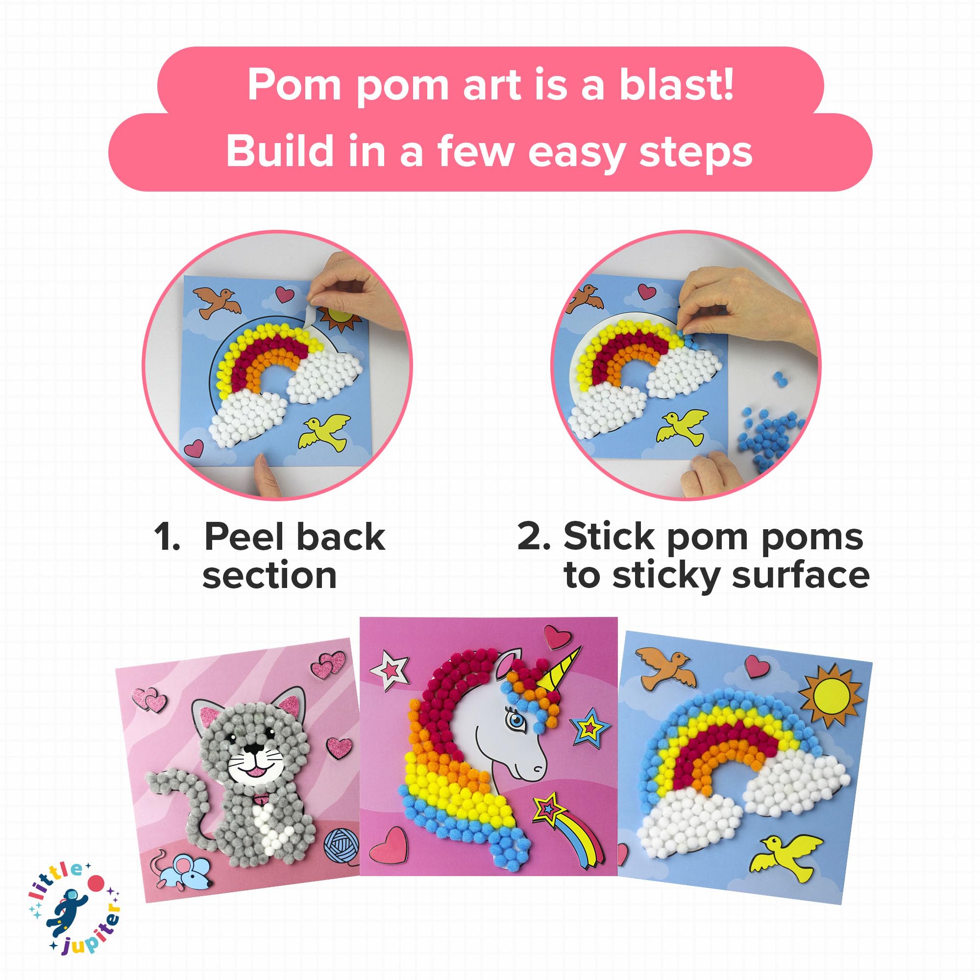 Little Jupiter Pom Pom Art sticky surface cards enable easy crafts