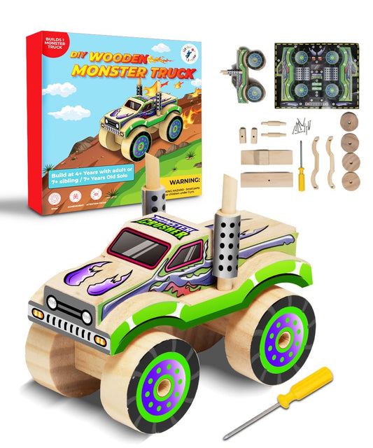 Little Jupiter Monster Truck 2 kit parts for assembly, encouraging hands-on learning and fine motor skills.