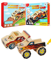 Little Jupiter monster truck DIY kit with moving wheels for hands-on learning.