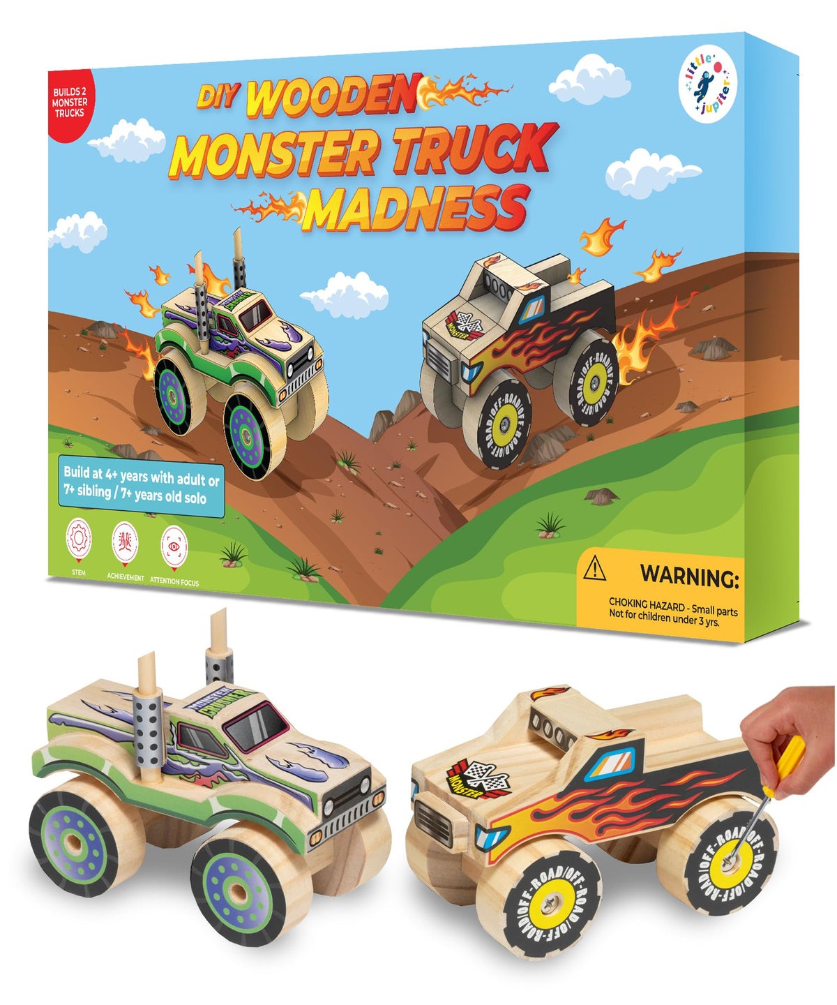 Little Jupiter Monster Truck kit assembly engages kids in hands-on building, developing fine motor skills.