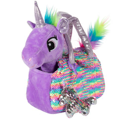 Little Jupiter plush unicorn toy in purple rainbow colors, ideal for cuddling.