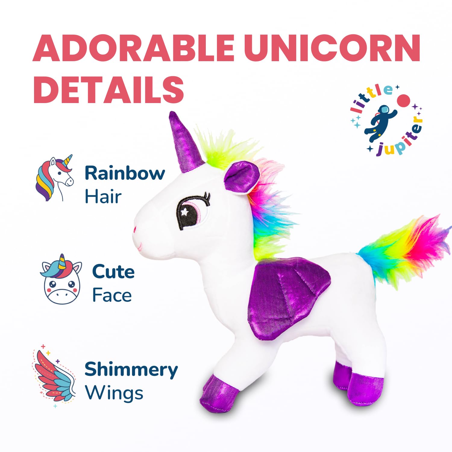 Little Jupiter soft polyester unicorn plush designed for gentle play and comfort.