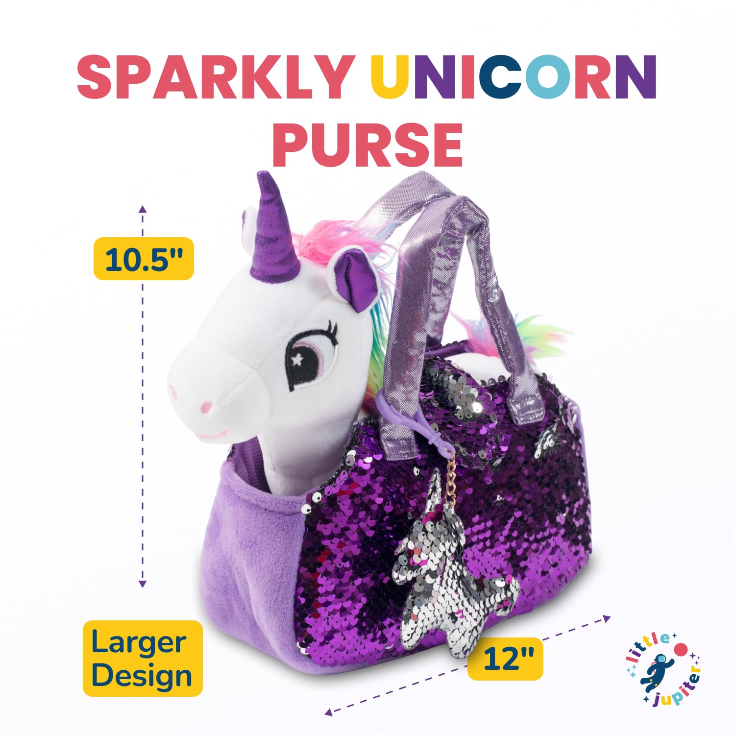 Little Jupiter unicorn plush pictured with its sparkling purse and charm set.