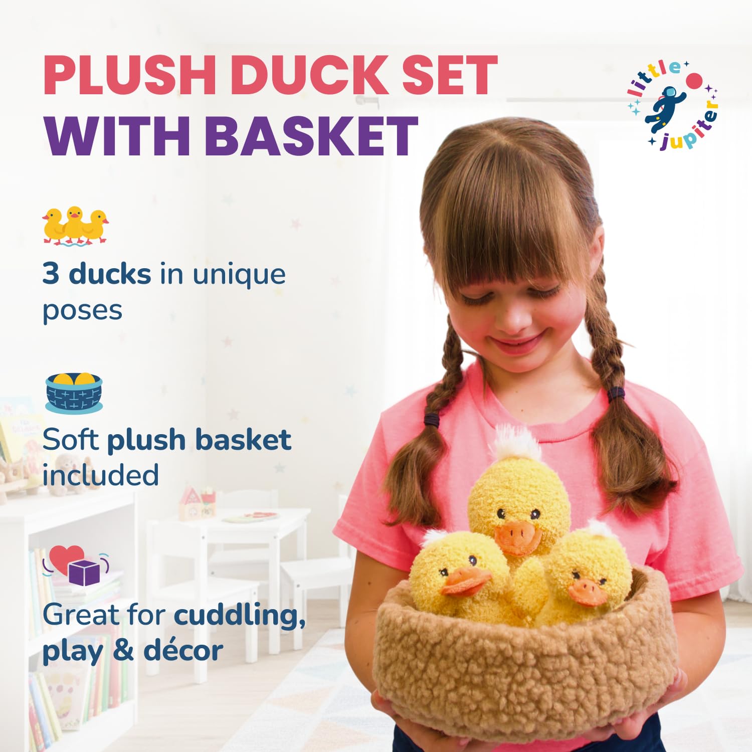 Little Jupiter yellow duck plush in varied poses for imaginative play.