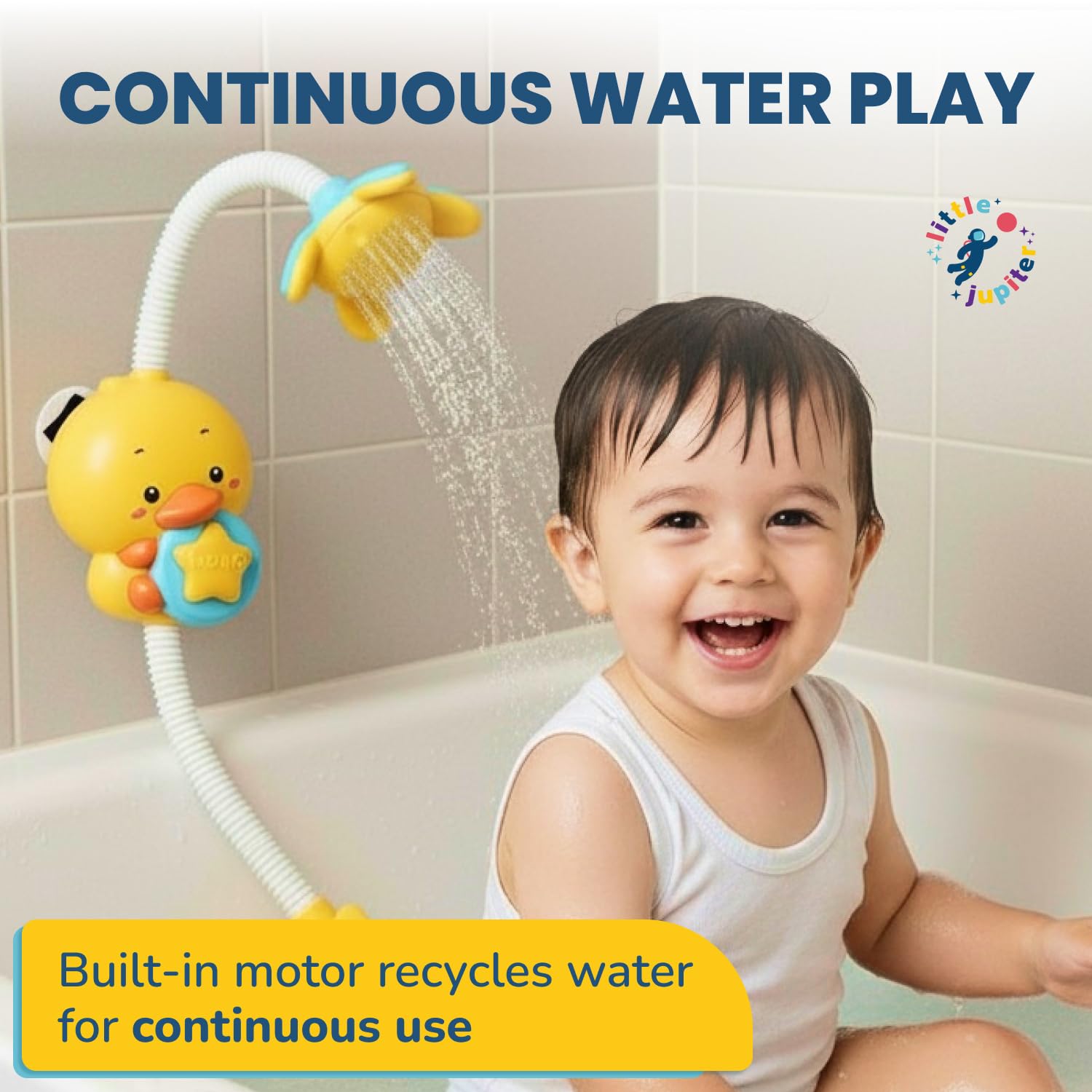 Little Jupiter yellow duck with strong suction cups for secure wall mounting.