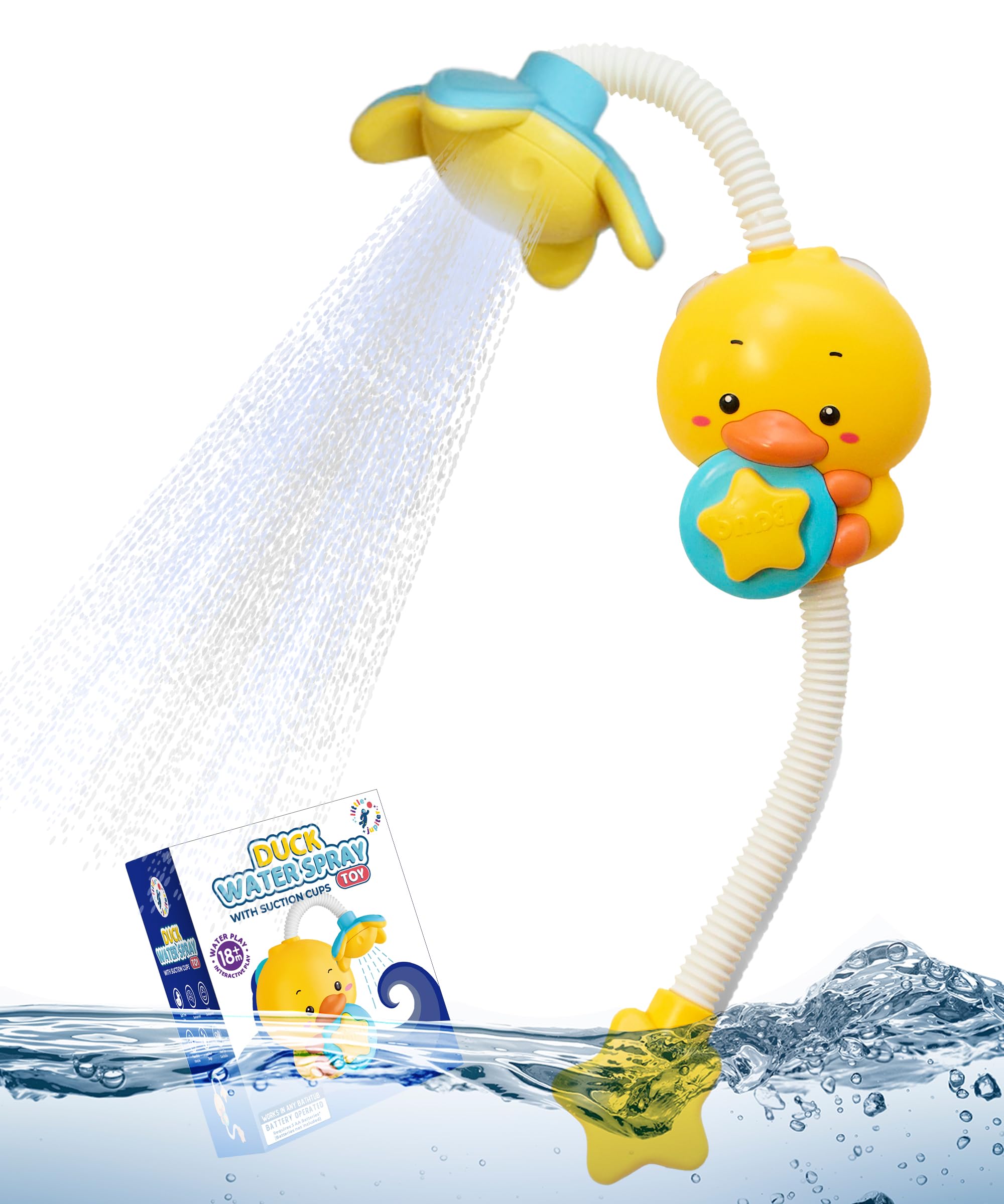 Little Jupiter yellow duck bath toy attached to tub wall for easy bath play.