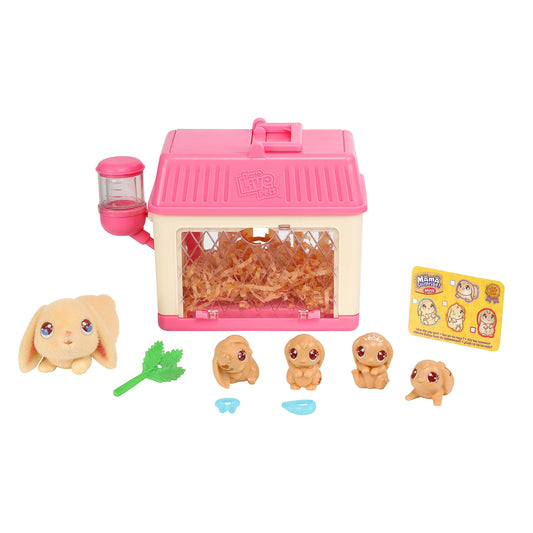Little Live Pets Lil Baby Bunny Playset Pack front view showing a colorful bunny family