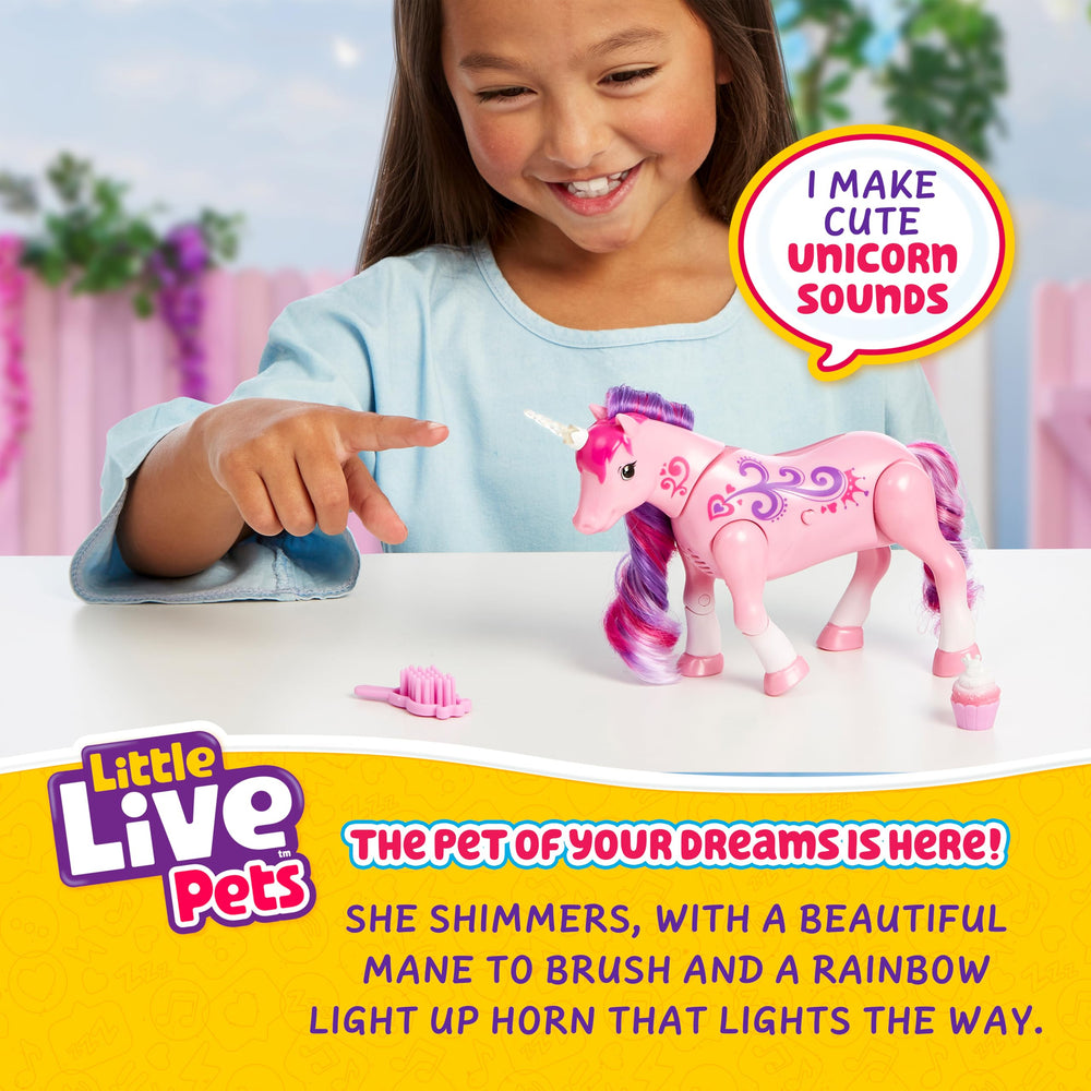 Little Live Pets Sparkles unicorn light-up rainbow horn sparks visual delight during play.