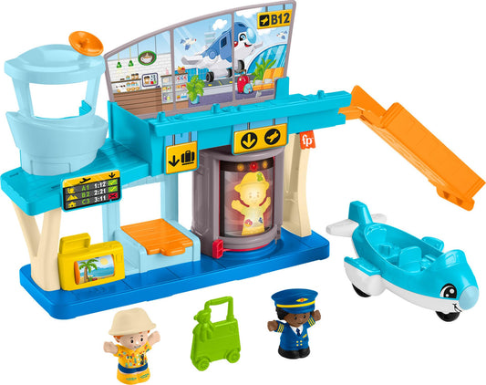 Little People airport playset airplane engages toddlers in imaginative travel pretend play.