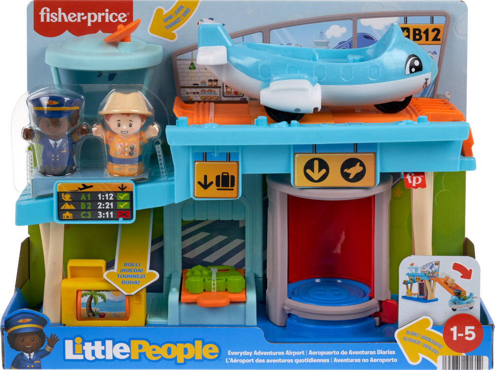 Little People folding jet bridge enables boarding action and fine motor practice.