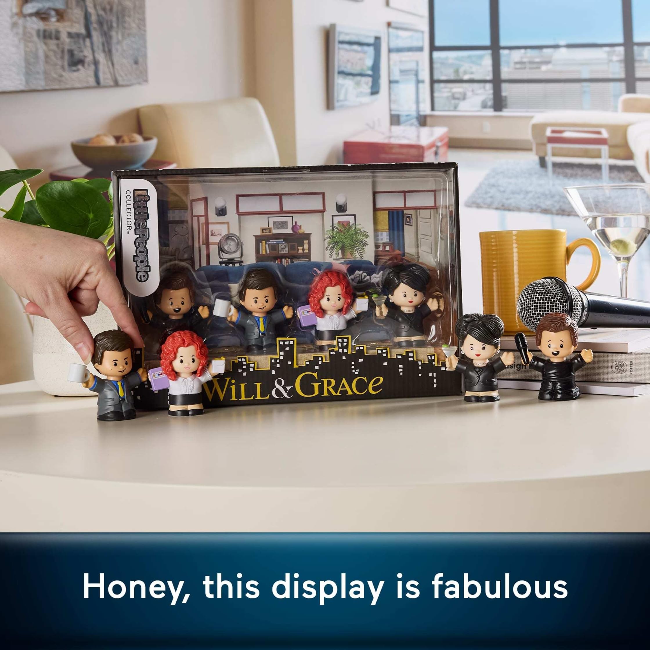 Little People Collector Will and Grace display box showcases figures in a themed window setup.
