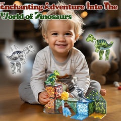 Child building with Little Pi dinosaur magnetic tiles for imaginative play