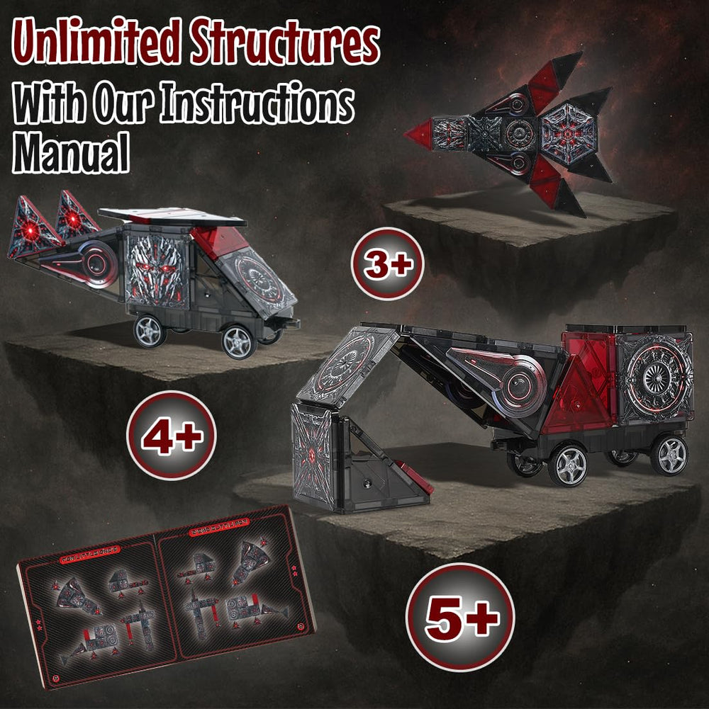 Strong magnets and see-through pieces support building tall bases and inventive robots