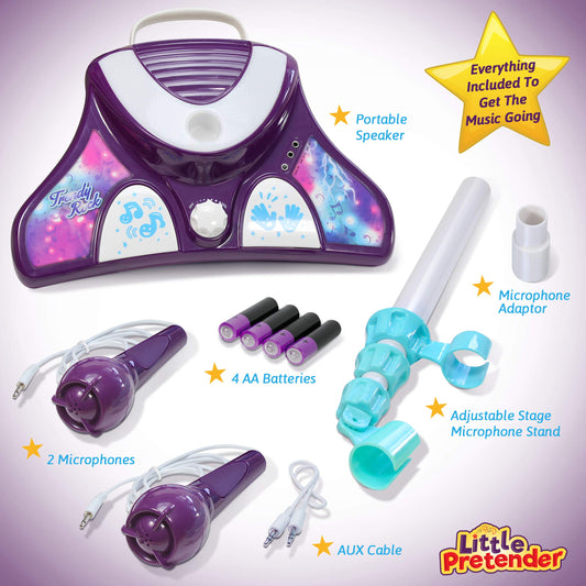 Little Pretender karaoke machine adjustable stand extended, perfect for growing young performers.