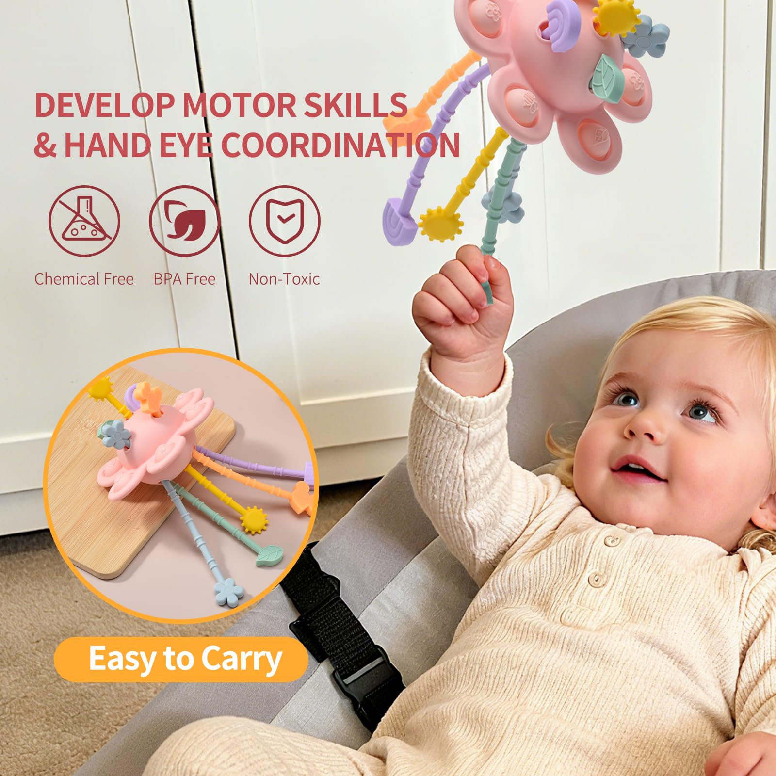 Little Rawr Montessori toy with textured ropes to boost grasping and hand-eye coordination.