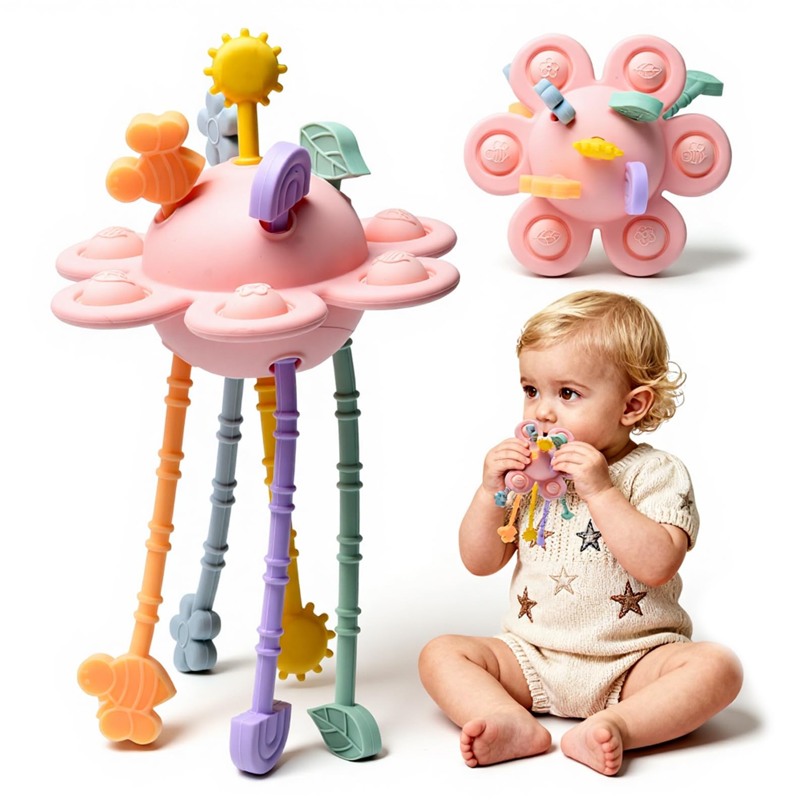 Little Rawr silicone sensory toy with pull strings for engaging tactile exploration and fine motor practice.