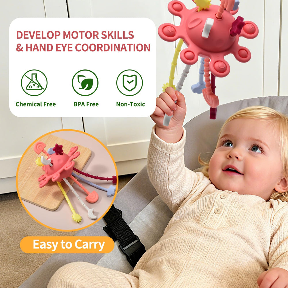 Little Rawr silicone teething toy safe chewing with soft textures.