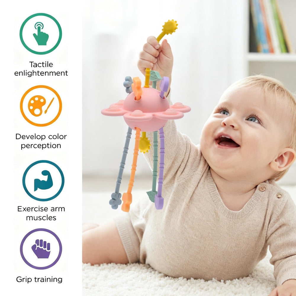 Little Rawr teething toy in soft silicone relieves sore gums during teething sessions.