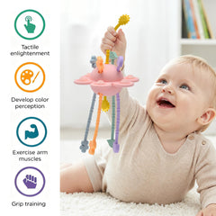 Little Rawr teething toy in soft silicone relieves sore gums during teething sessions.