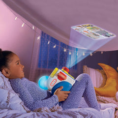 Dino Story collection wall projection supports word recognition while a narrator reads aloud.