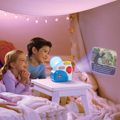 Child reads along as the Story Dream Machine narrates and projects text
