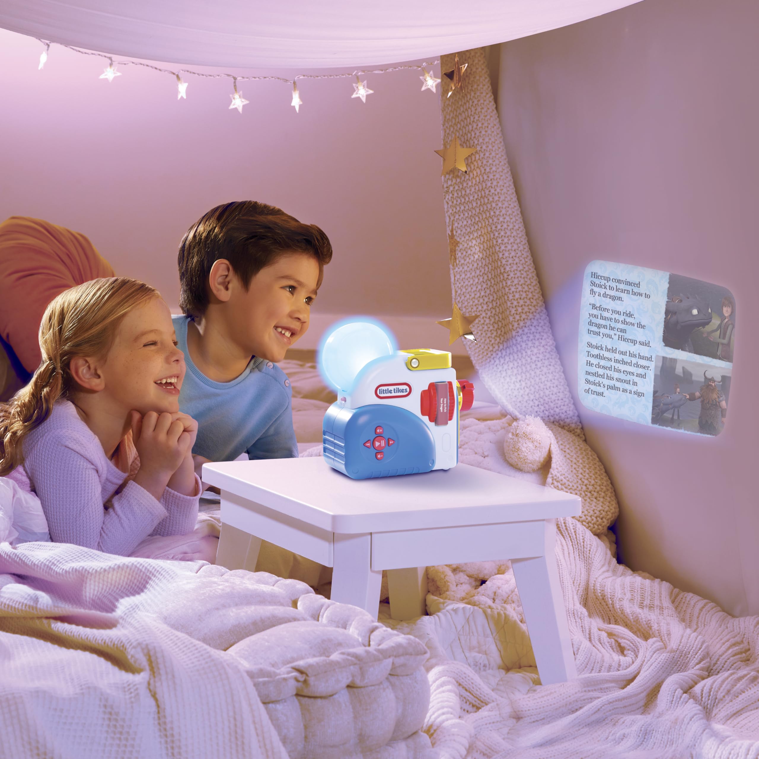 Little Tikes Toothless character projection brings Dragon realm visuals to life for kids.