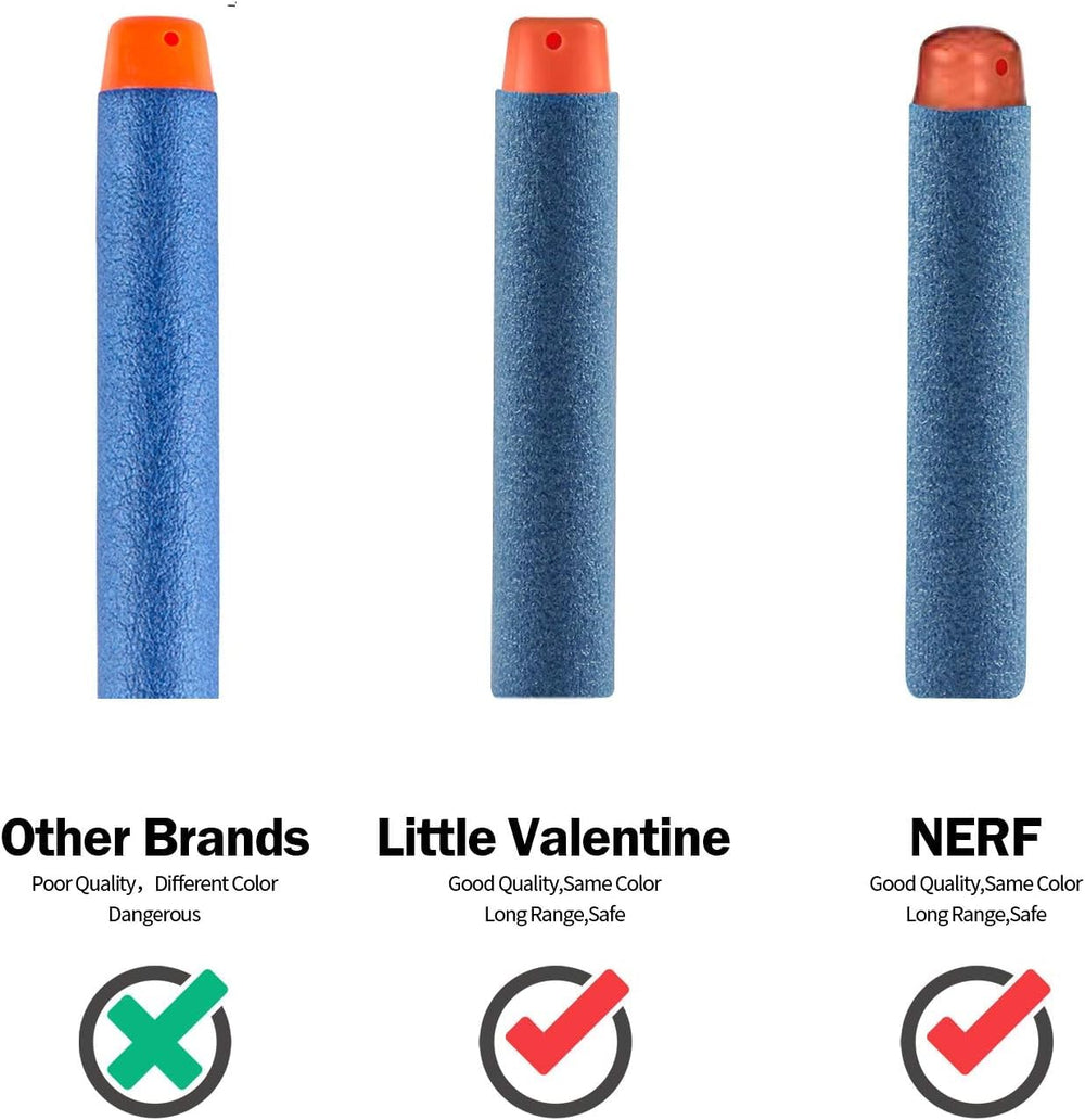 Little Valentine blue Nerf darts with hollow warhead designed for safe play.
