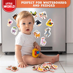 Little World farm animal magnets prompting imaginative play on the fridge.