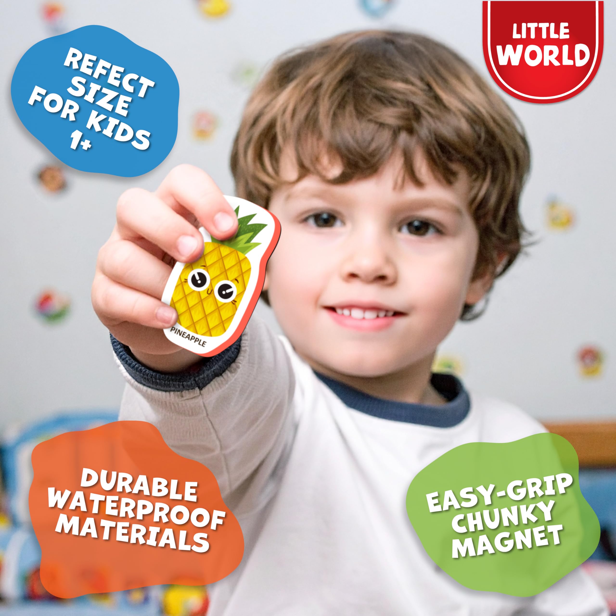 Little World magnets featuring colors and shapes to spark early recognition.
