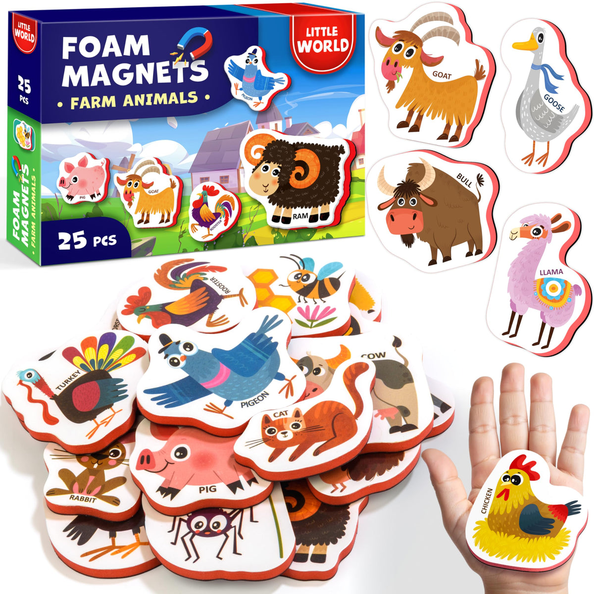 Little World fridge magnets for toddlers with easy hand grip for safe play.