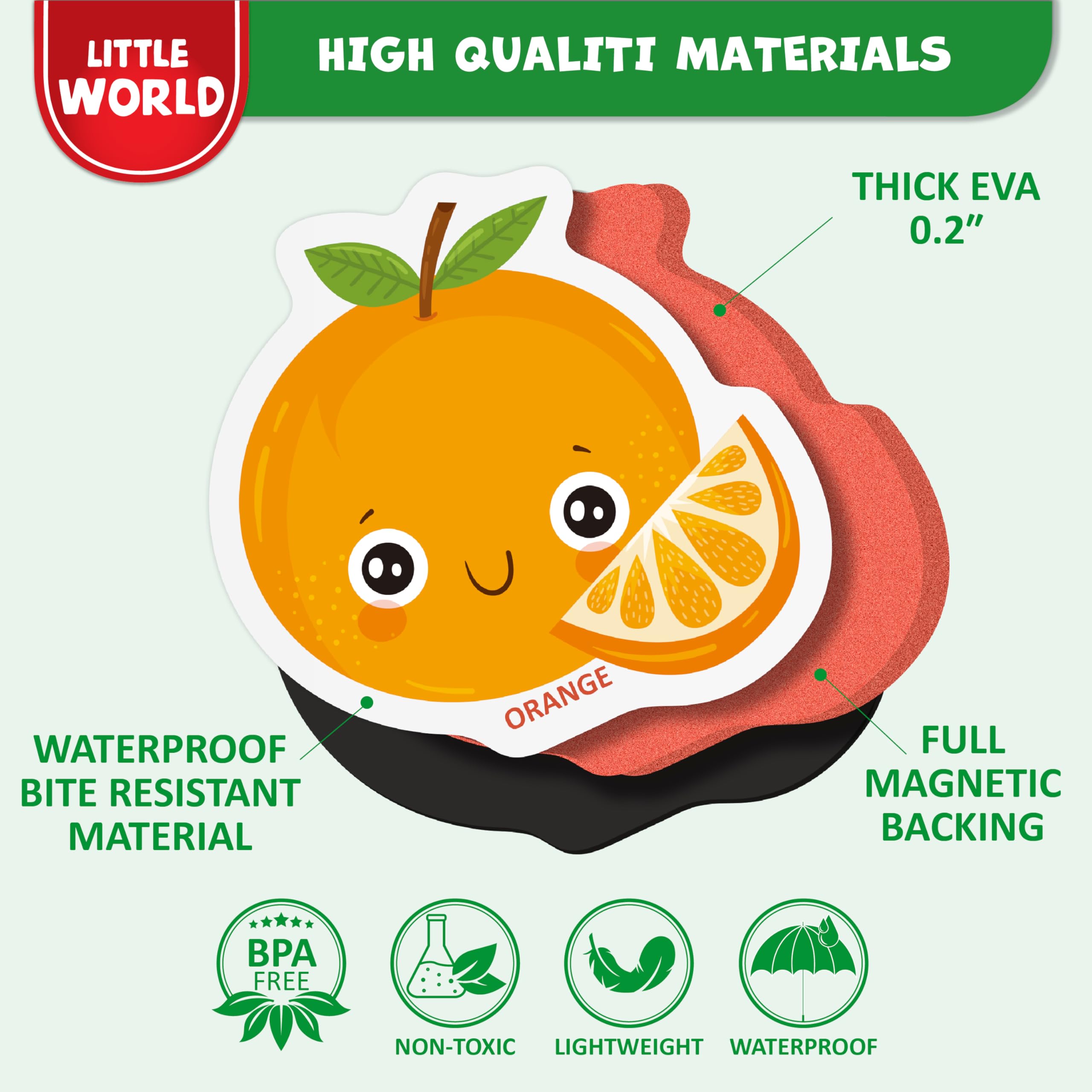 Little World toddler magnets showing strong magnetic backing for reliable sticking.