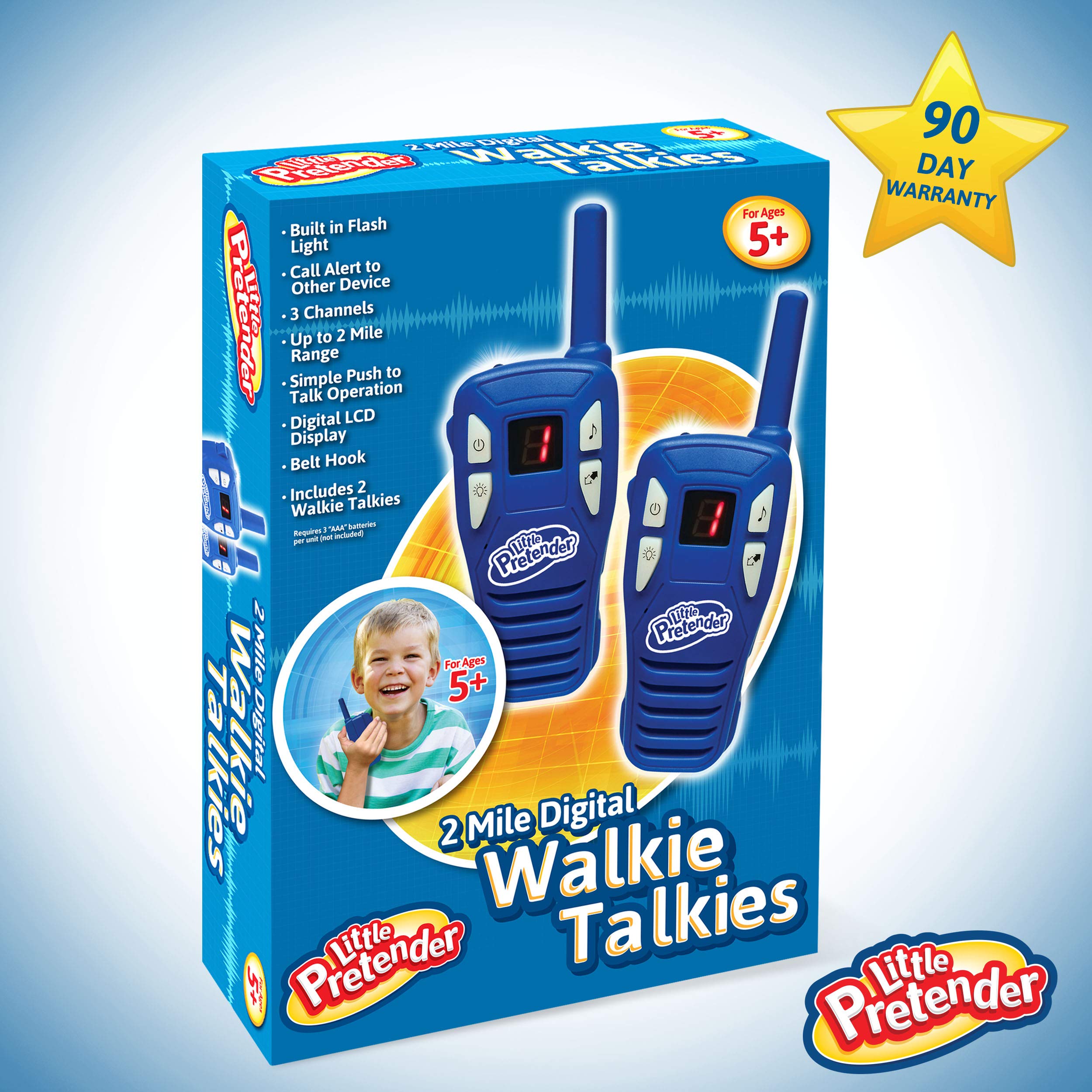 Little Pretender durable, lightweight walkie talkie kept secure by a belt clip.