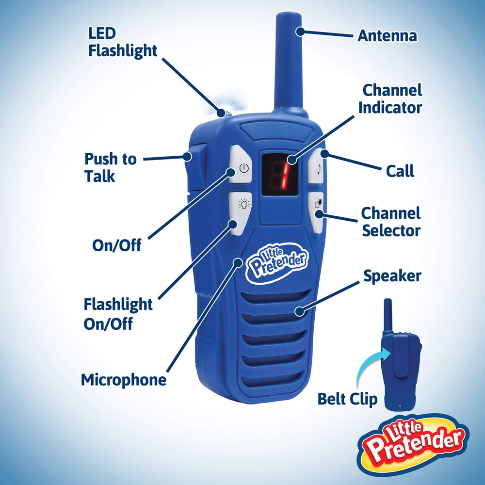 Little Pretender walkie talkies feature a built-in flashlight for nighttime play.