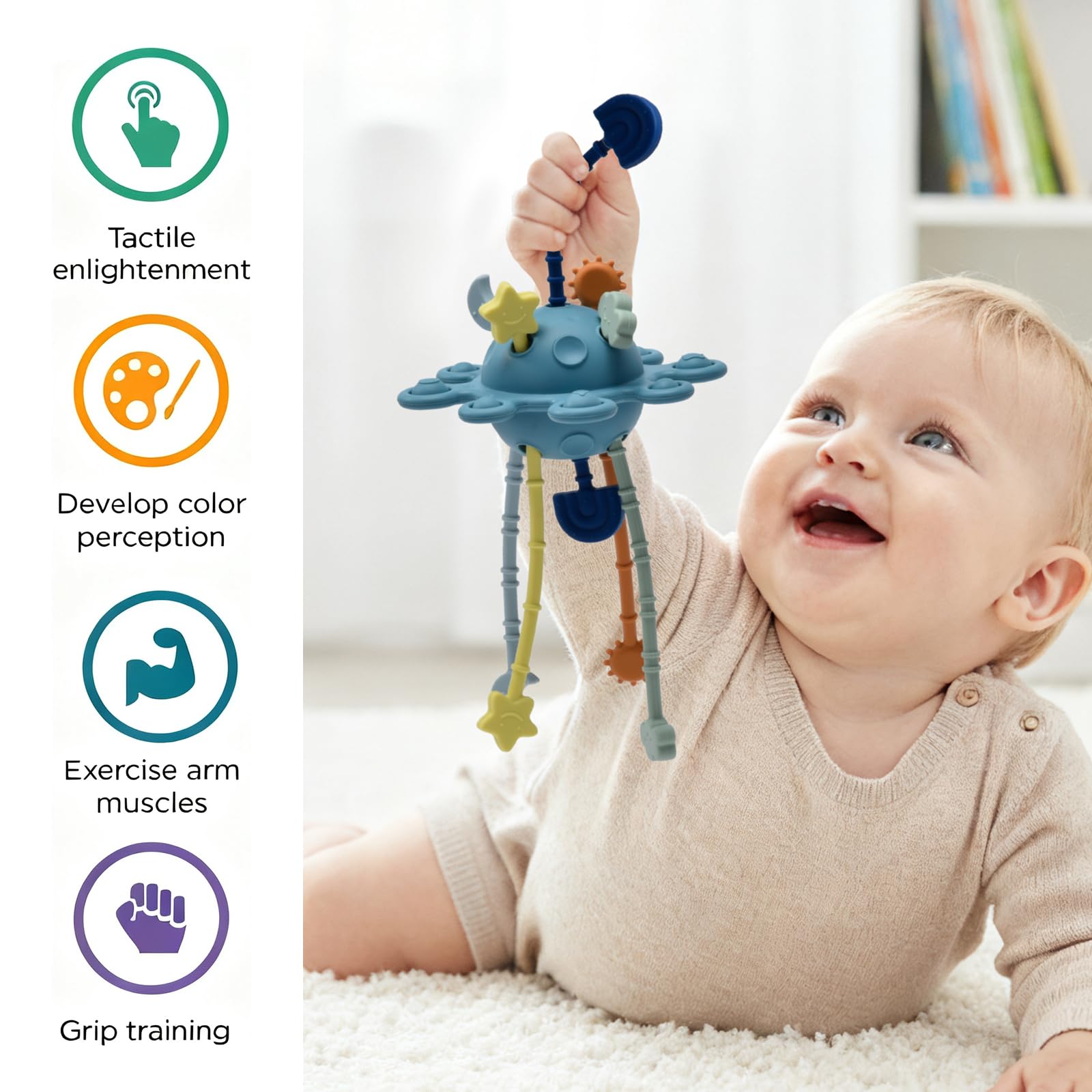 Little Rawr Montessori sensory toy blue encourages tactile learning and color recognition.