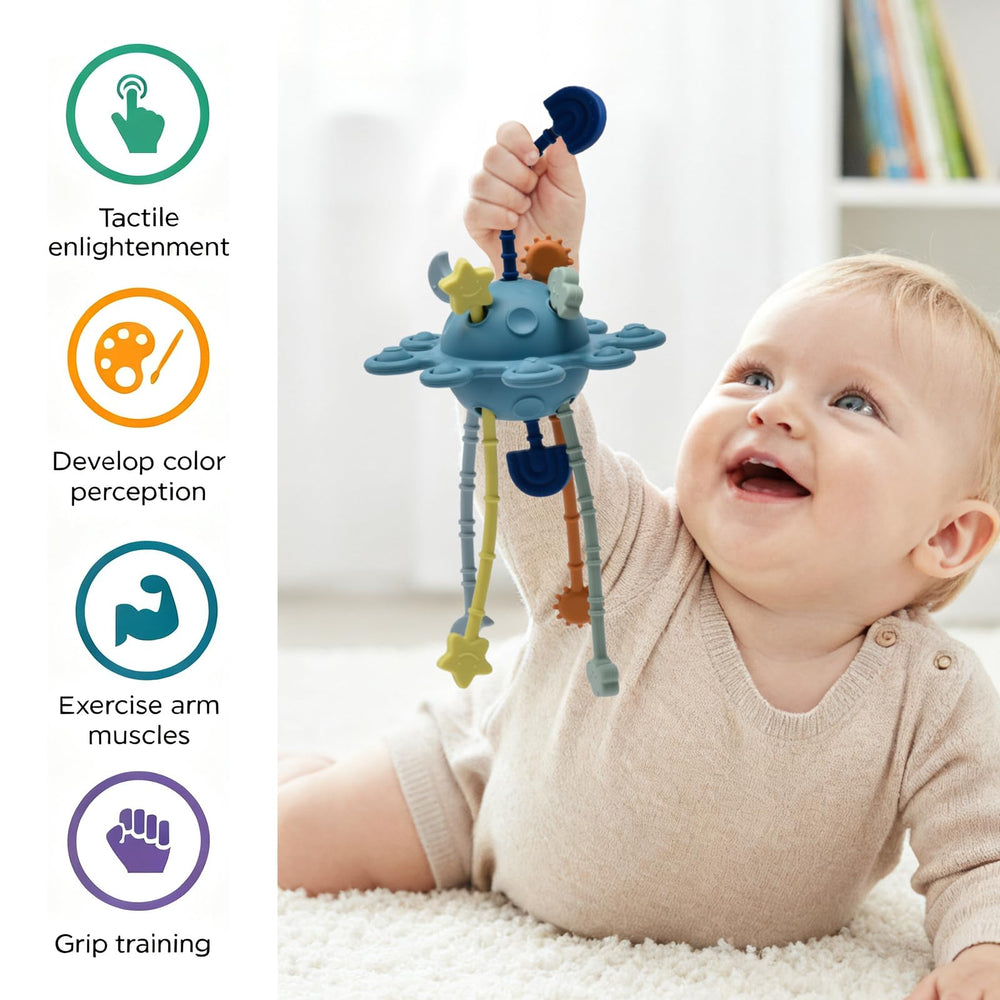 Little Rawr Montessori sensory toy blue encourages tactile learning and color recognition.