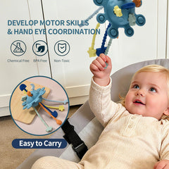 Little Rawr silicone teether blue offers safe teething relief and oral exploration.