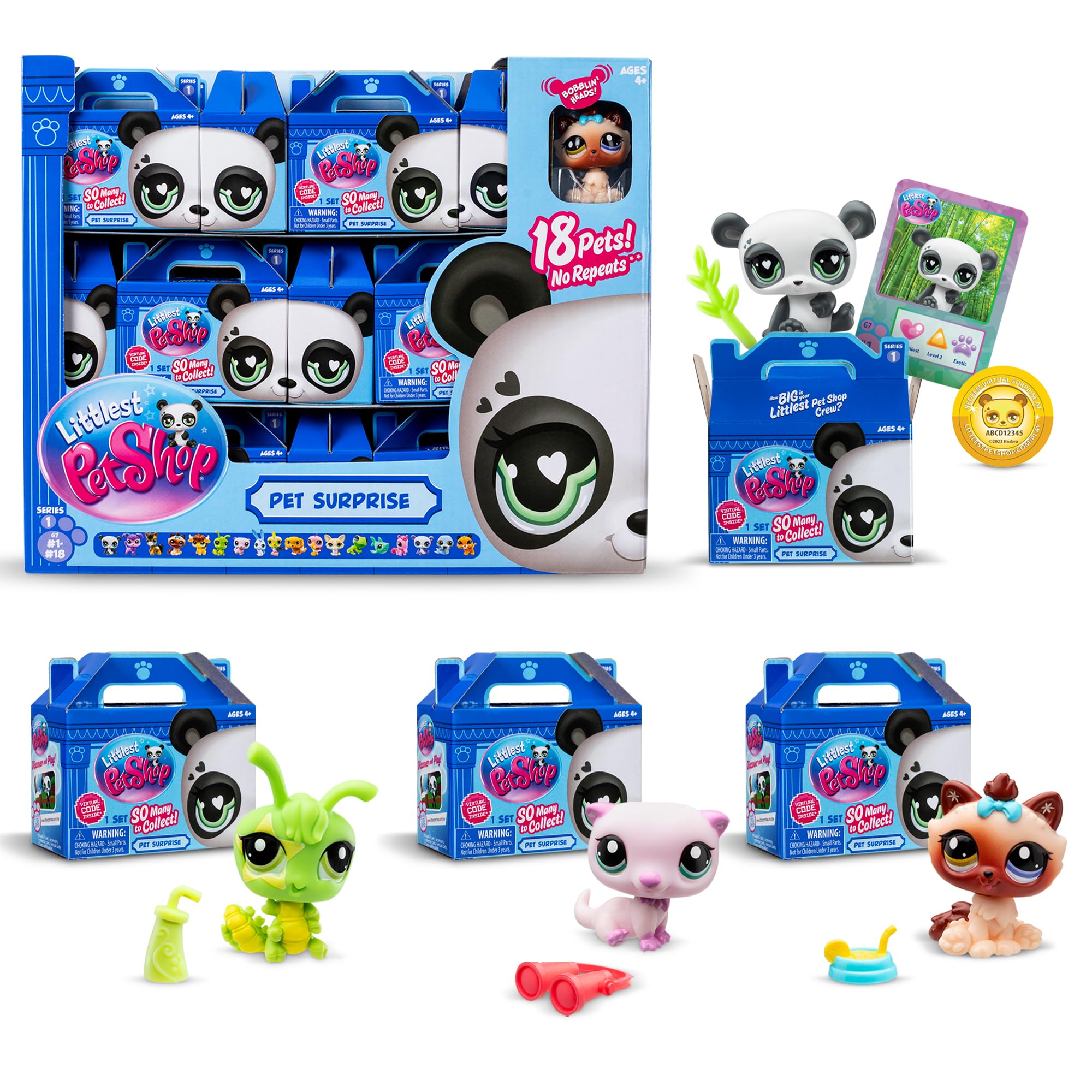 Littlest Pet Shop Gen 7 display with 18 collector pets and mystery boxes for immersive play.